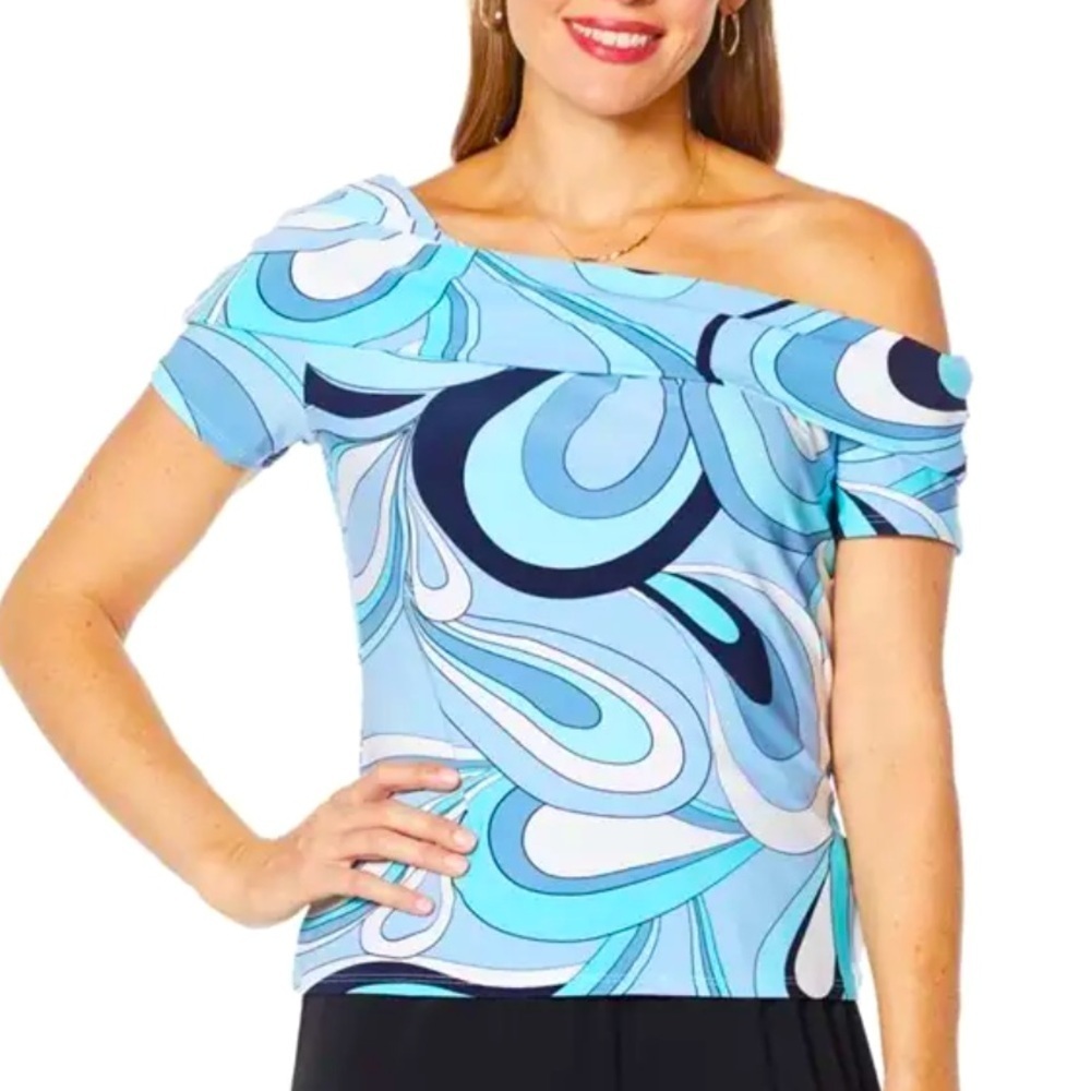 DAVID MEISTER womens large fluid knit blue retro print off the shoulder top NWT
